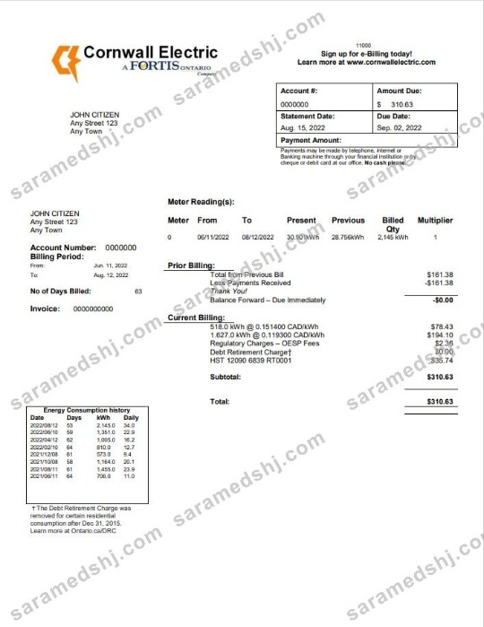 USA Cornwall Electric utility bill template in Word and PDF format